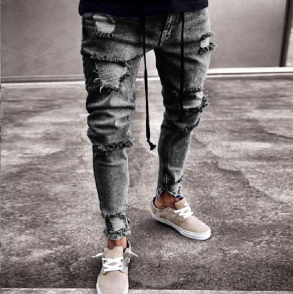 trendy jeans men's gray hole stretch elastic zipper men's pants 1102, Blue