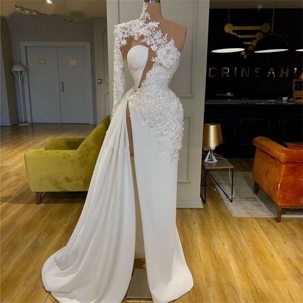 

white appliqued one shoulder prom dresses 2020 ruched side split celebrity dress robes de mariee red carpet gowns267p, Black