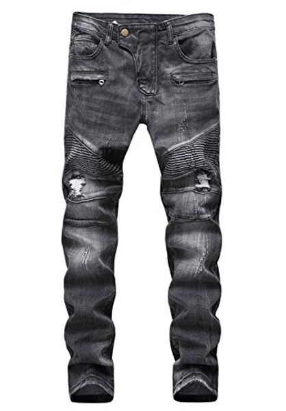

tunglung men's ripped slim straight fit denim moto biker jeans pants broken holes with zipped deco, Blue