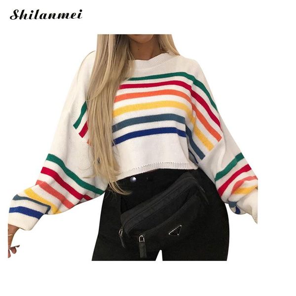 women's sweaters rainbow striped sweater loose long sleeve knitted jumper 2021 harajuku cute sweet winter female korean kawaii pullover, White;black
women's sweaters rainbow striped sweater loose long sleeve knitted jumper 2021 harajuku cute sweet winter female korean kawaii pullover, White;black