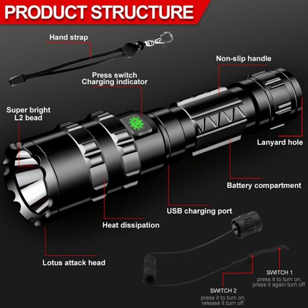60000 lumens led tactical flashlight ultra bright usb rechargeable waterproof scout light torch hunting camping equipment 5-mode
60000 lumens led tactical flashlight ultra bright usb rechargeable waterproof scout light torch hunting camping equipment 5-mode