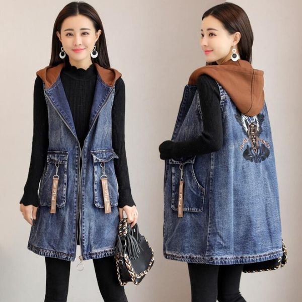 #3312 spring autumn sleeveless jacket women with hooded embroidery long denim vest women cowboy loose vintage waistcoat, Black;white
#3312 spring autumn sleeveless jacket women with hooded embroidery long denim vest women cowboy loose vintage waistcoat, Black;white