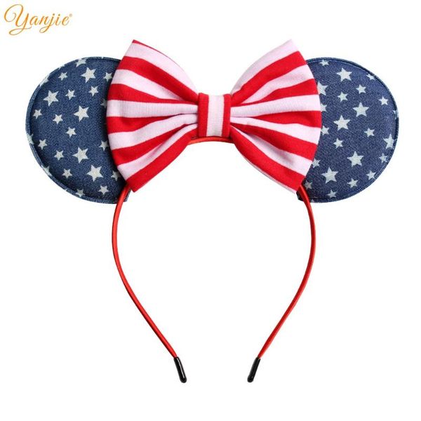 girls 5'' 2019 kids 4th of july striped cotton/denim bow hairband independence day hair accessories for kid headband new arrival, Slivery;white