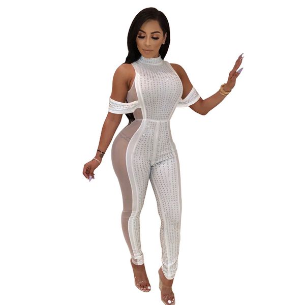 womens popular stand collar perspective mesh stitching diamond dress jumpsuit, Black;white
womens popular stand collar perspective mesh stitching diamond dress jumpsuit, Black;white