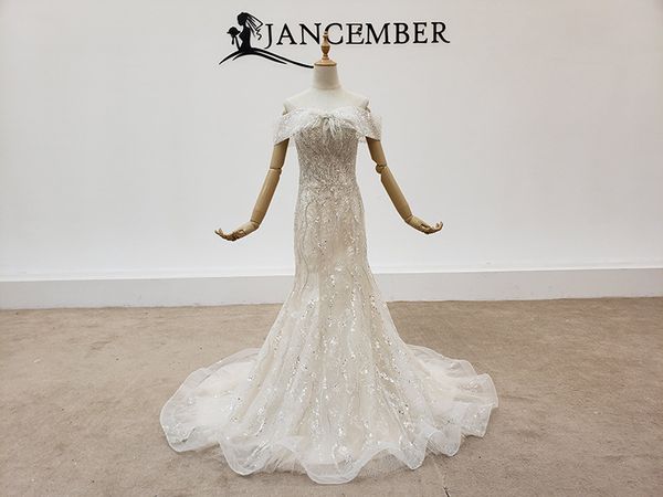 bridal wedding dress one word shoulder bead embroidery super beautiful pure handmade fishtail wedding dress slim and shiny wedd, White 
bridal wedding dress one word shoulder bead embroidery super beautiful pure handmade fishtail wedding dress slim and shiny wedd, White