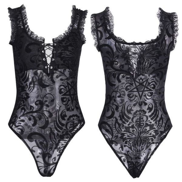lace bodycon bodysuit women gothic streetwear mesh hollow out patchwork sleeveless bodysuit female black body party, White;black 
lace bodycon bodysuit women gothic streetwear mesh hollow out patchwork sleeveless bodysuit female black body party, White;black