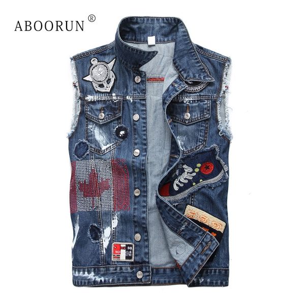 

aboorun mens fashion denim vest patchwork embroidery jeans waistcoat men's slim fit sleeveless jackets yc1550, Black;white