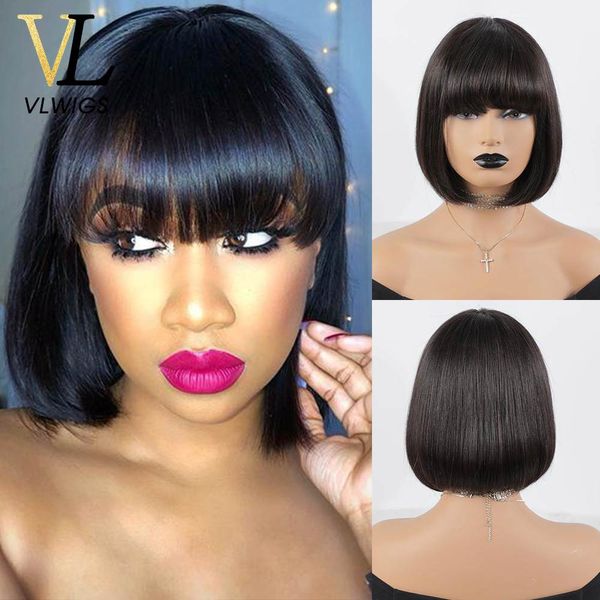 

vlwigs full lace human hair wigs brazilian remy hair bob wig with bangs pre plucked fringe wig natural hairline for women vl02, Black;brown