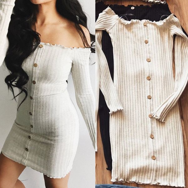 2019 off shoulder trendy women dress long sleeve solid button evening casual party bodycon mini dresses one pieces, Black;gray
2019 off shoulder trendy women dress long sleeve solid button evening casual party bodycon mini dresses one pieces, Black;gray