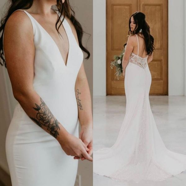 simple v neck backless mermaid beach bridal wedding gowns plus size chiffon sweep train wedding dresses with lace, White
simple v neck backless mermaid beach bridal wedding gowns plus size chiffon sweep train wedding dresses with lace, White