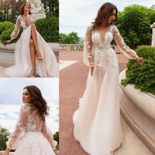 2019 lace vintage wedding dresses deep v neck poet sleeve covered button beach bridal gown with appliques, White
2019 lace vintage wedding dresses deep v neck poet sleeve covered button beach bridal gown with appliques, White