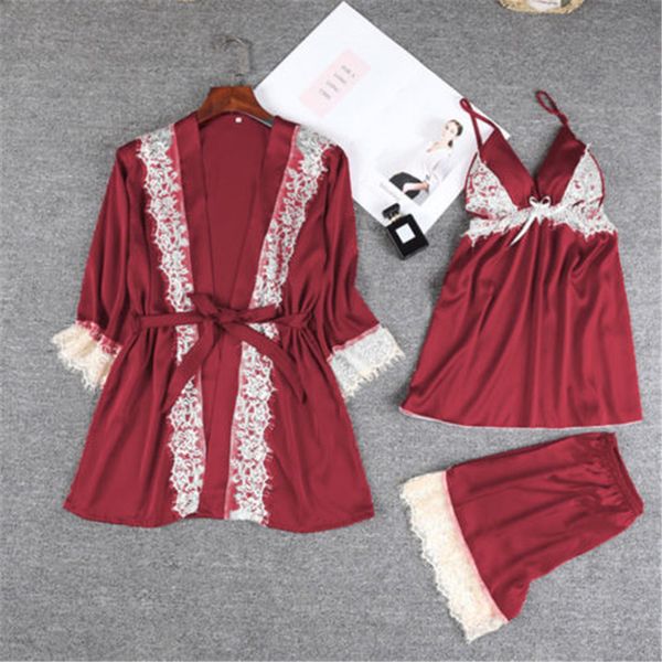 women ladies satin silk sleepwear pajamas set 3pcs lace strap camis shorts cover ups belts nightdress lingerie night dress, Red;black
women ladies satin silk sleepwear pajamas set 3pcs lace strap camis shorts cover ups belts nightdress lingerie night dress, Red;black