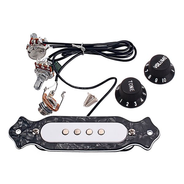 4 string pre-wired electric guitar pickup harness - white single-coil pickup with black frame
4 string pre-wired electric guitar pickup harness - white single-coil pickup with black frame