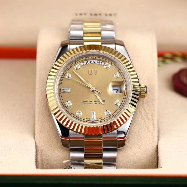u1 factory st9 gold dial day automatic date movement 40mm men watch watches st9 stainless steel two tone bracelet mens wristwatches, Slivery;brown
u1 factory st9 gold dial day automatic date movement 40mm men watch watches st9 stainless steel two tone bracelet mens wristwatches, Slivery;brown