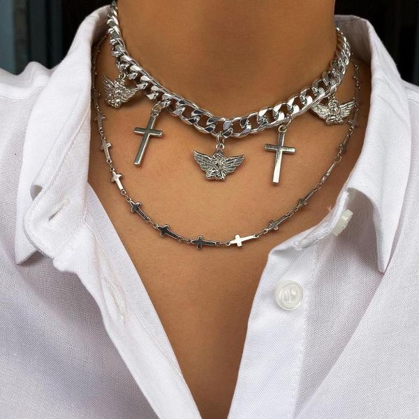 lacteo gothic multi layered cross angel pendant necklace punk thick chunky cross chain choker necklace for men and women jewelry, Golden;silver 
lacteo gothic multi layered cross angel pendant necklace punk thick chunky cross chain choker necklace for men and women jewelry, Golden;silver