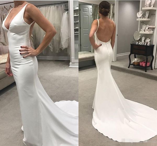 designer deep v neck wedding dresses mermaid straps backless satin sweep train covered buttons back beach wedding gown vestido de novia, White
designer deep v neck wedding dresses mermaid straps backless satin sweep train covered buttons back beach wedding gown vestido de novia, White