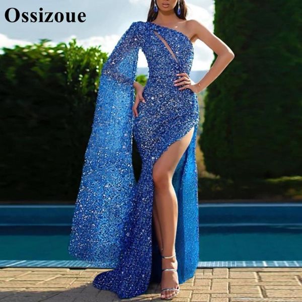 one shoulder long sleeves blue evening dresses high split sequins formal lady prom gown ysan552, White;black
one shoulder long sleeves blue evening dresses high split sequins formal lady prom gown ysan552, White;black