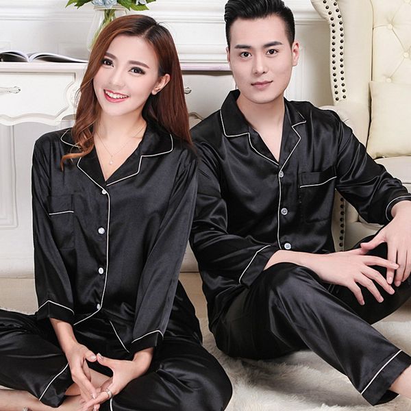 new couple silk sleepwear sets classic solid color stian pajamas set pajamas for women men home clothes homewear, Black;red
new couple silk sleepwear sets classic solid color stian pajamas set pajamas for women men home clothes homewear, Black;red