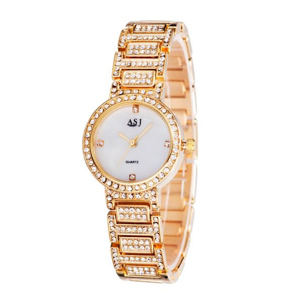 

asj 2019 women dress crystal bling drill design round dial stainless steel band watches quartz creative wristwatch, Slivery;brown