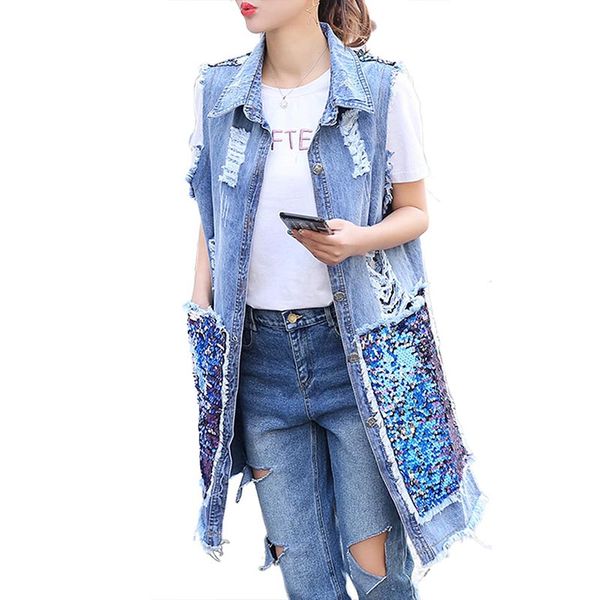women's denim coat turn down collar sleeveless sequins pocket frayed hole plus size vest, Black;white
women's denim coat turn down collar sleeveless sequins pocket frayed hole plus size vest, Black;white
