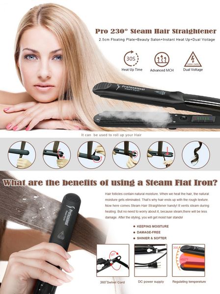 professional steam hair straightener ceramic vapor hair flat iron seam hair straightening iron curler steamer haircare styling tool, Black
professional steam hair straightener ceramic vapor hair flat iron seam hair straightening iron curler steamer haircare styling tool, Black