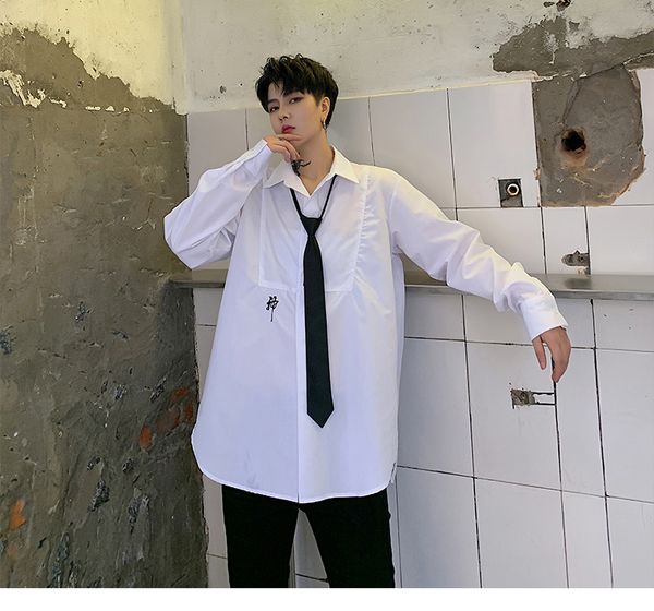 men long sleeve tie collar embroidery casual white shirt male streetwear hip hop party dress shirts stage show clothing, White;black
men long sleeve tie collar embroidery casual white shirt male streetwear hip hop party dress shirts stage show clothing, White;black