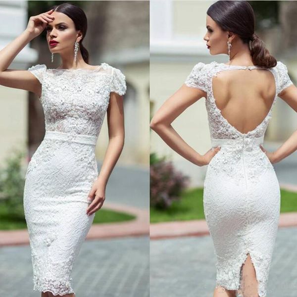 Modest Unique Lace wedding Reception Dresses With Knee Length Sheath Cap Sleeves Hollow Back Short Garden Wedding Dresses Bridal Gowns