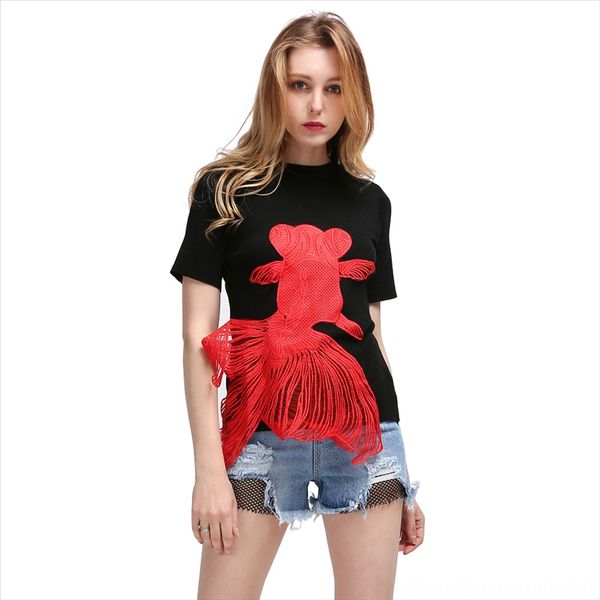 women's wear embroidered pullover 2020 knitted goldfish embroidered pullover t-shirt short sleeve women's fashion, White
women's wear embroidered pullover 2020 knitted goldfish embroidered pullover t-shirt short sleeve women's fashion, White