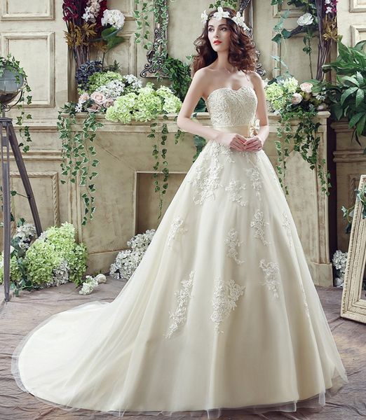 simple elegant dresses sweetheart with appliques a line with sash bow tulle long wedding party bride women wedding dresses, White
simple elegant dresses sweetheart with appliques a line with sash bow tulle long wedding party bride women wedding dresses, White
