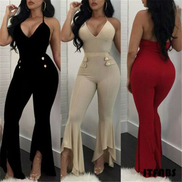 ladies jumpsuit solid color button women summer casual sleeveless romper halter v-neck jumpsuit fashion long flare pants, Black;white
ladies jumpsuit solid color button women summer casual sleeveless romper halter v-neck jumpsuit fashion long flare pants, Black;white