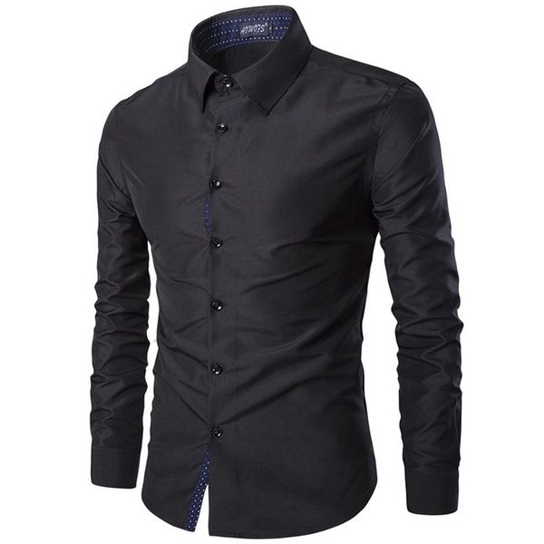 

male shirt 2019 autumn long sleeve men shirt casual fitness pure color navy turn-down collar chemise homme xxxl youth teens, White;black