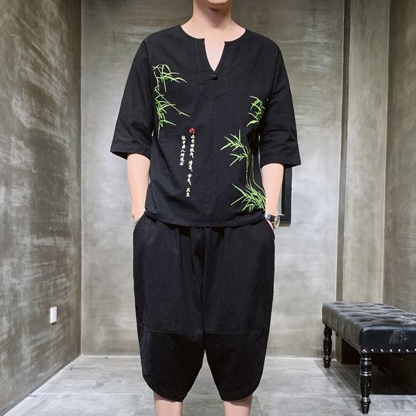 summer chinese embroidery cotton capris short sleeve t-shirt suit men's loose two piece set, Gray
summer chinese embroidery cotton capris short sleeve t-shirt suit men's loose two piece set, Gray