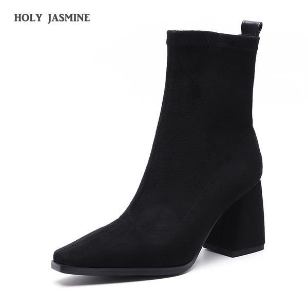 2019 fashion new woman autumn winter boots high heels women leather ankle boots square toe suede leather women shoes, Black