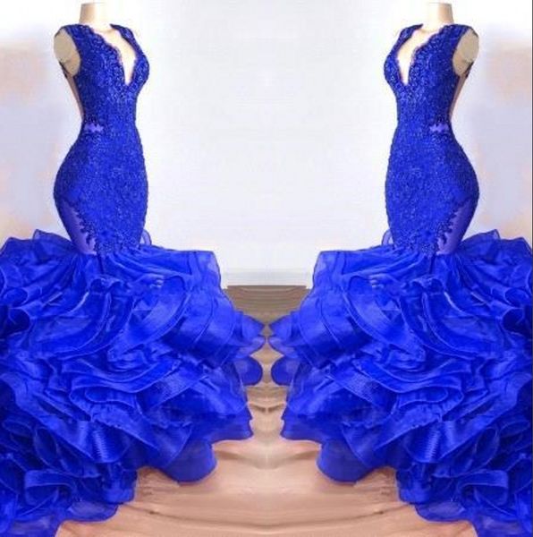 royal blue v neck lace long mermaid prom dresses 2019 organza layered ruffles sweep train formal party evening gowns bc1687, Black
royal blue v neck lace long mermaid prom dresses 2019 organza layered ruffles sweep train formal party evening gowns bc1687, Black