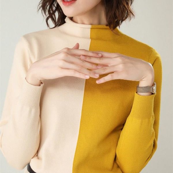women patchwork turtleneck sweater wool blends slim knitted sweater cashmere sweaters pullover, White;black
women patchwork turtleneck sweater wool blends slim knitted sweater cashmere sweaters pullover, White;black