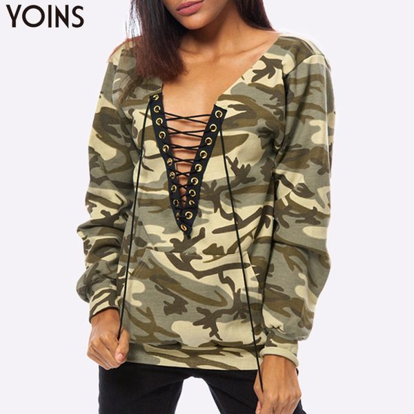 

women camo lace-up design bandage hoodies long sleeve sweatshirt yoins 2019 casual loose v-neck hooded pullover, Black