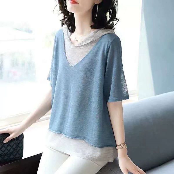 short sleeve fake two thin women's loose 2020 knitted hooded t-shirt sweater t-shirt sweater summer top, White
short sleeve fake two thin women's loose 2020 knitted hooded t-shirt sweater t-shirt sweater summer top, White