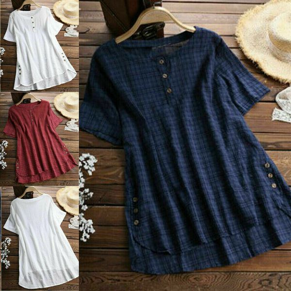 2019 new style women's summer button plaid o neck irregular blouses loose baggy tunic short sleeve summer plus size, White
2019 new style women's summer button plaid o neck irregular blouses loose baggy tunic short sleeve summer plus size, White
