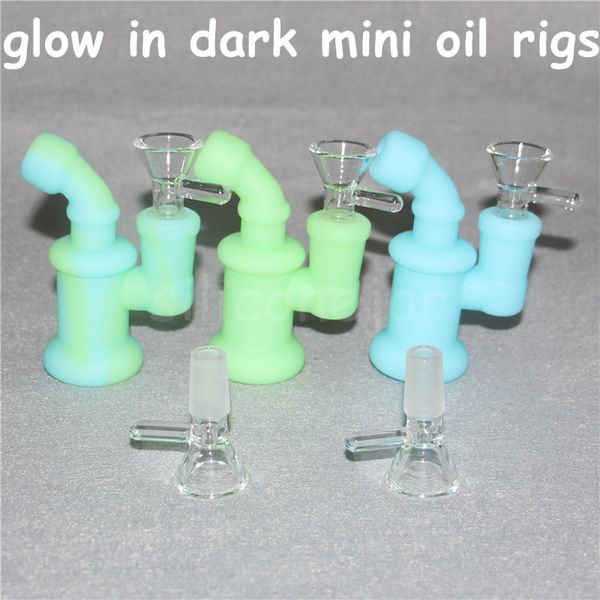 glow in the dark Hookahs Silicone Bong Mini Silicon Water Pipes Bongs Bubbler Oil Rig Detachable Unbreakable Percolator with glass bowl