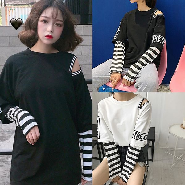 women korean fashion long sleeve t shirt hip hop punk streetwear girls fake two pieces tees off shoulder, White
women korean fashion long sleeve t shirt hip hop punk streetwear girls fake two pieces tees off shoulder, White