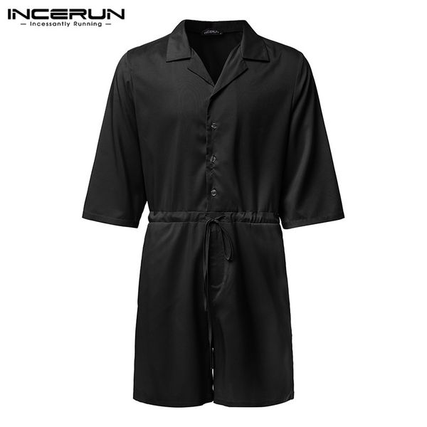 street leisure playsuit jumpsuit rompers shortsleeve men solid button overalls 2021 lapel fashion 7 s-5xl incerun men trousers jdscq, Black