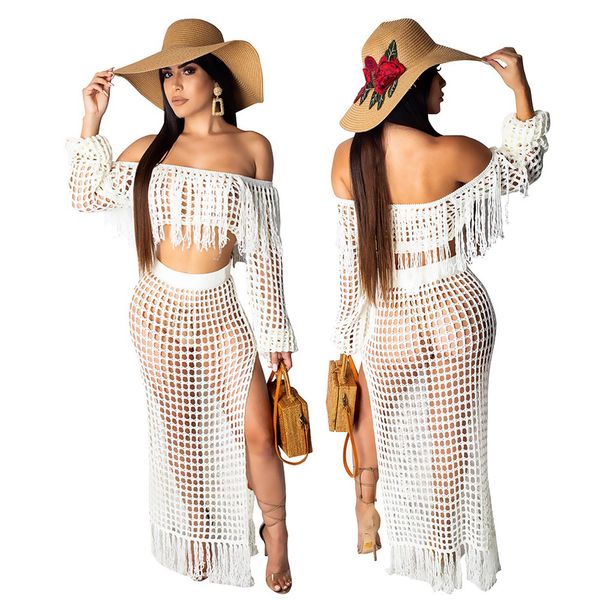 tassels two piece casual dresses knit sets women long sleeve 2 piece crop and skirt set summer crochet dress beach wear, Black;gray 
tassels two piece casual dresses knit sets women long sleeve 2 piece crop and skirt set summer crochet dress beach wear, Black;gray