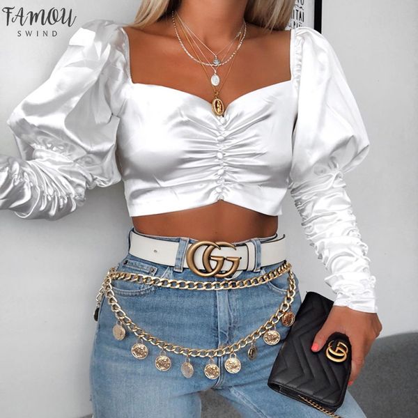 women off shoulder long puff sleeve crop deep u neck solid short shirt pleated tube casual buttons up streetwear, White 
women off shoulder long puff sleeve crop deep u neck solid short shirt pleated tube casual buttons up streetwear, White