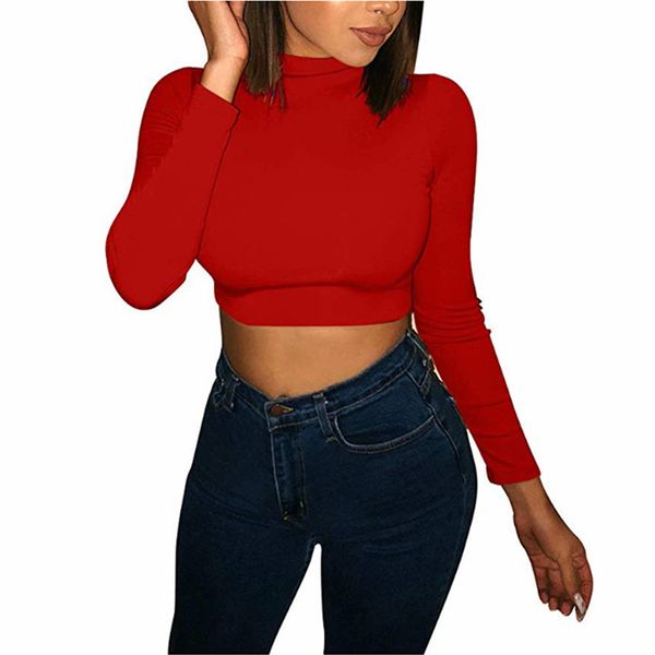 women solid turtle neck long sleeve crop pullover casual tank blouse new, White 
women solid turtle neck long sleeve crop pullover casual tank blouse new, White