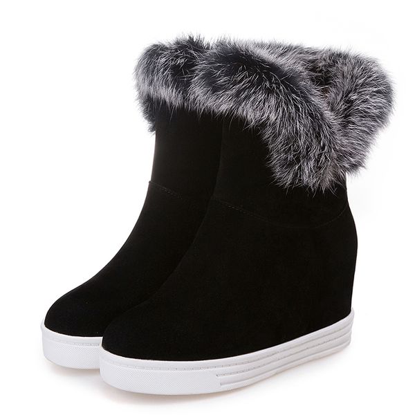 Good Quality Winter Boots Women Warm Shoes Platform High Heels Black Gray Real Fur Ladies Snow Boots, Grey