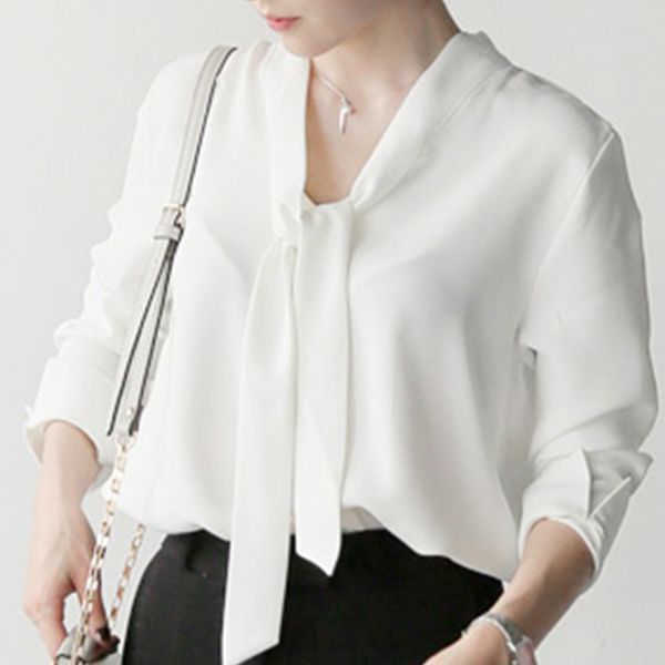 women casual solid color chiffon shirt female v-neck long sleeves office lady solid color shirt fashion, White
women casual solid color chiffon shirt female v-neck long sleeves office lady solid color shirt fashion, White