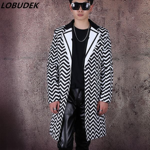 black white wave striped mid-length blazer bar nightclub punk singer hip hop stage long coat men star concert fashion costume, White;black
black white wave striped mid-length blazer bar nightclub punk singer hip hop stage long coat men star concert fashion costume, White;black