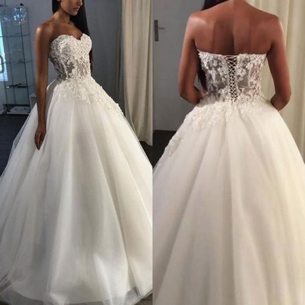 a line wedding dresses sweetheart sweep train tulle lace up backless bridal gowns with appliques, White
a line wedding dresses sweetheart sweep train tulle lace up backless bridal gowns with appliques, White
