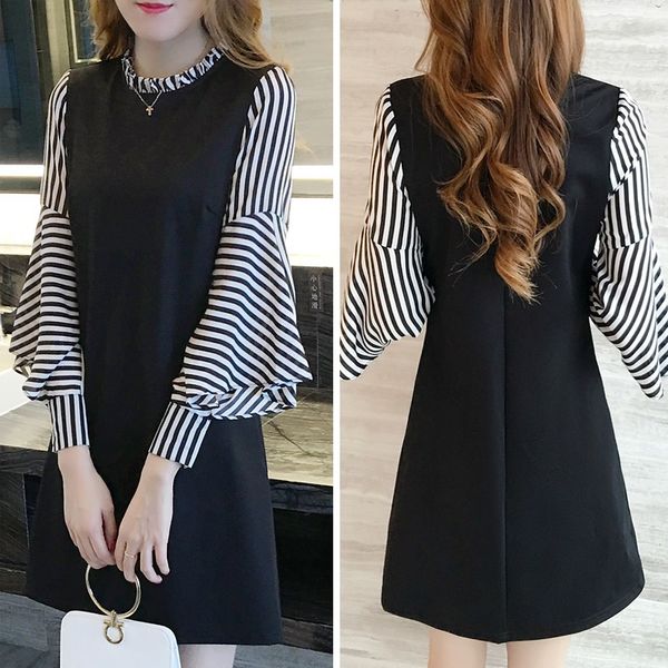 2020 autumn new style korean-style large size fashion striped shirt joint flounced sleeves mid-length large size full body dress, Black;gray
2020 autumn new style korean-style large size fashion striped shirt joint flounced sleeves mid-length large size full body dress, Black;gray