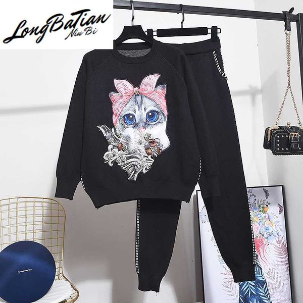 fashion black red knitted tracksuit women set loose rhinestone cartoon cat knitting sweater + casual pencil pants outfits female, White
fashion black red knitted tracksuit women set loose rhinestone cartoon cat knitting sweater + casual pencil pants outfits female, White